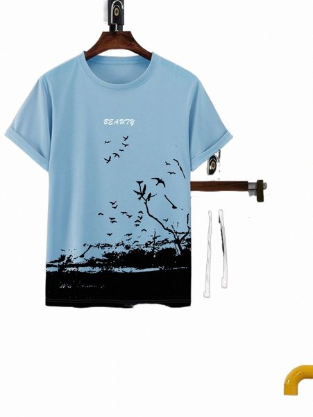 

men letter & bird print tee & drawstring waist shorts p7li#, Gray
