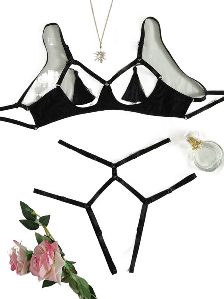 

tassel charm underwire crotchless lingerie set 04kr#, Black;red