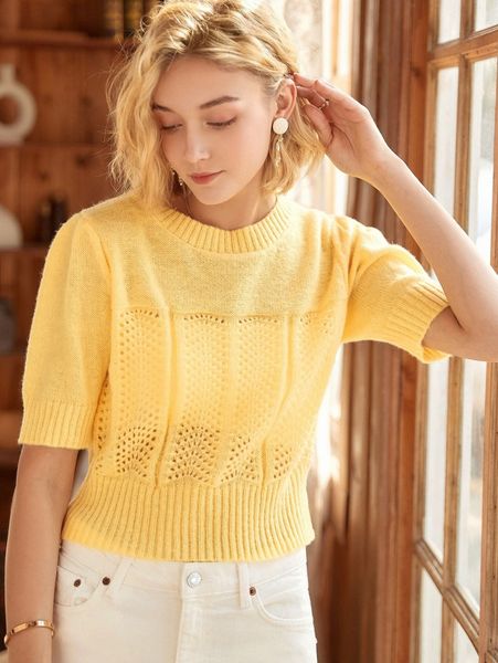 

knit mix puff sleeve pointelle knit without lined y8az#, White;black