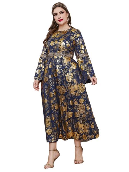 

plus allover floral print contrast sequin trumpet sleeve dress e1ct#, Black