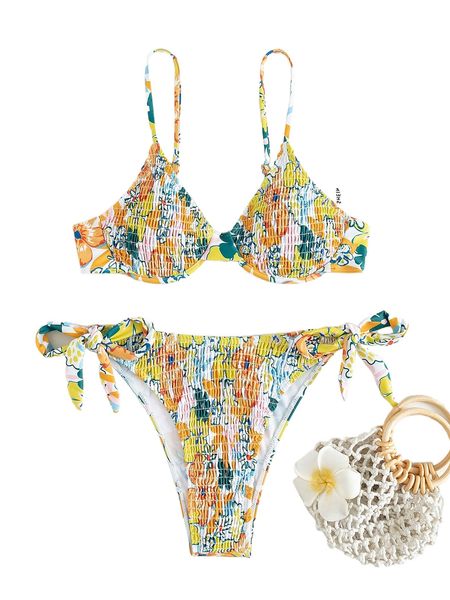 

floral smocked bikini swimsuit y1on#, White;black