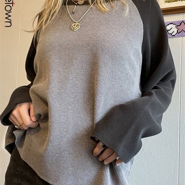 

sweetown autumn ribbed casual woman tshirts contrast patchwork long sleeve loose tees preppy style vintage basic y2k 220408, White