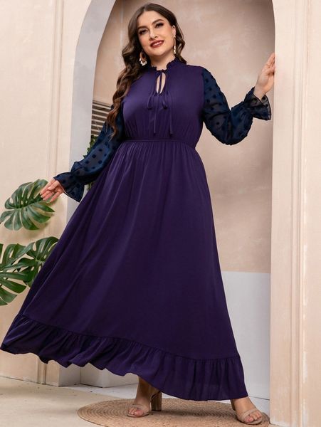 

plus frill tie neck swiss dot flounce sleeve ruffle hem dress h4ce#, Black