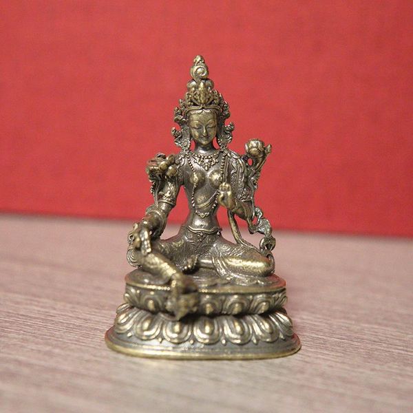 Dekorative Objekte Figuren Messing Grüne Tara Kleine Statue Tantrischer Buddha Miniaturen Buddhismus Buddhistische Figur Desktop Enshrine Ornamente H