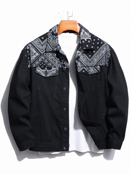 

men paisley scarf print denim jacket without tee x4ea#, Black;brown