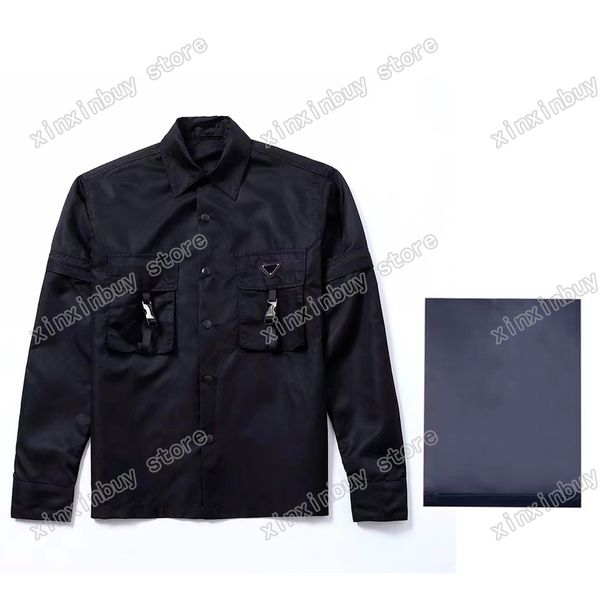 

22ss men women designers casual shirts nylon metal triangle multi pocket tooling zipper sleeve crew neck streetwear xinxinbuy s-xl, White;black