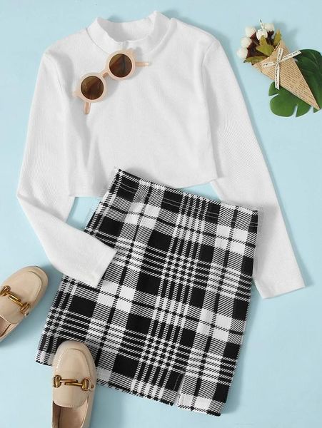 

girls rib-knit crop tee & plaid skirt set she, White