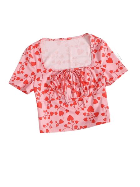 

allover heart print knot front square neck tee d99m#, White