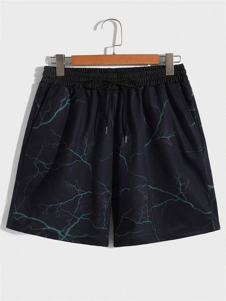 

men lightning print drawstring waist shorts 34ck#, White;black