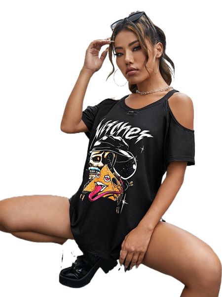 

x nomouthh skull print and letter graphic cold shoulder tee a7zj#, White