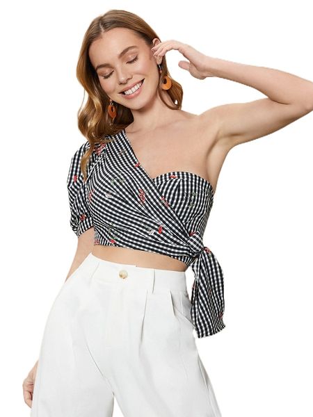 

gingham & floral print one shoulder puff sleeve knot side c7tl#, White