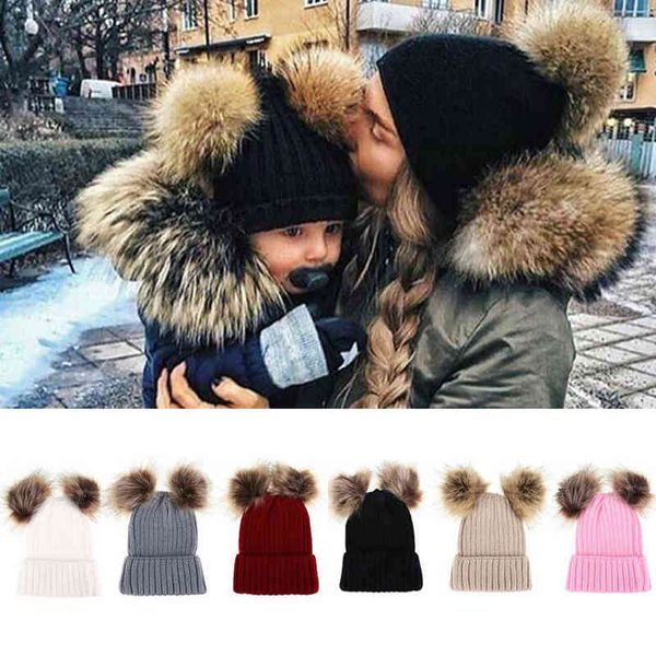 

pom cap children hat for winter cute infant double hairball hat baby mom warm knitted baby hat newborn hats gifts l220728, Yellow