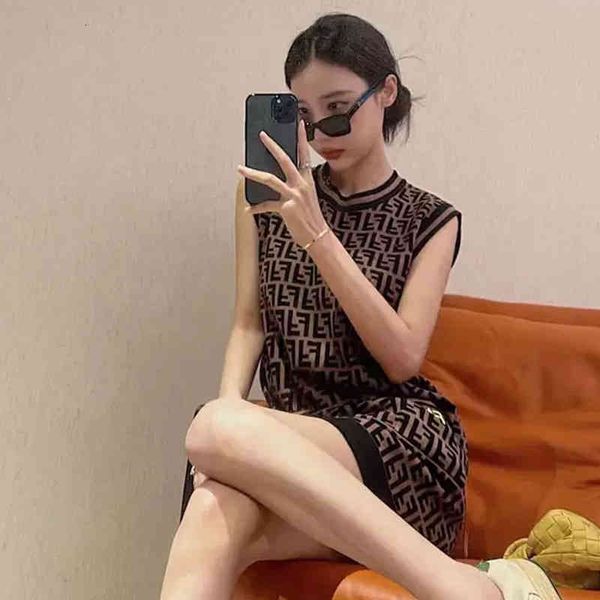 

casual dresses double f letter sleeveless ice silk vest dress women's summer fluorescent knitted hip wrap skirt european o5nt, Black;gray