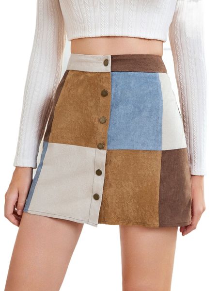 

high waist color block single breasted suede skirt m7xr#, Black