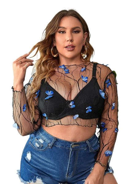 

plus butterfly appliques lettuce trim sheer mesh without bra s3st#, Black