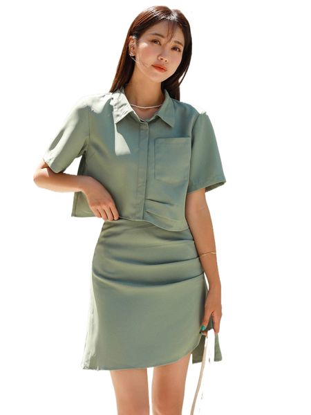 

dazy plicated detail patched pocket blouse & asymmetrical hem skirt o817#, White