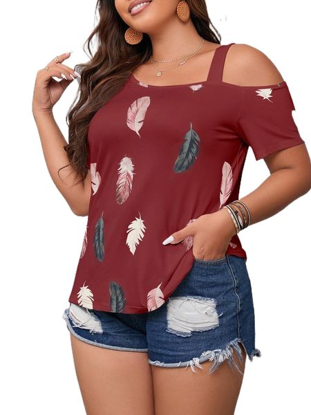 

plus feather print asymmetrical neck tee h03k#, Black