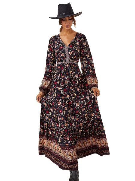 

rusttydustty floral print contrast tape lantern sleeve tie neck ruffle hem dress 99v6#, Black;gray