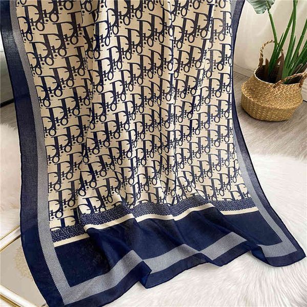 

5700 2022 scarf women's summer versatile sunscreen big shawl letter new cotton hemp printing tourist holiday silk, Blue;gray