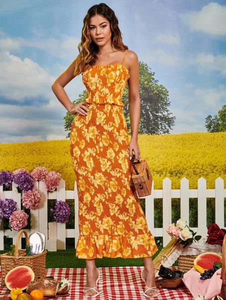 

floral print shirred ruffle hem cami dress r6ei#, Black;gray