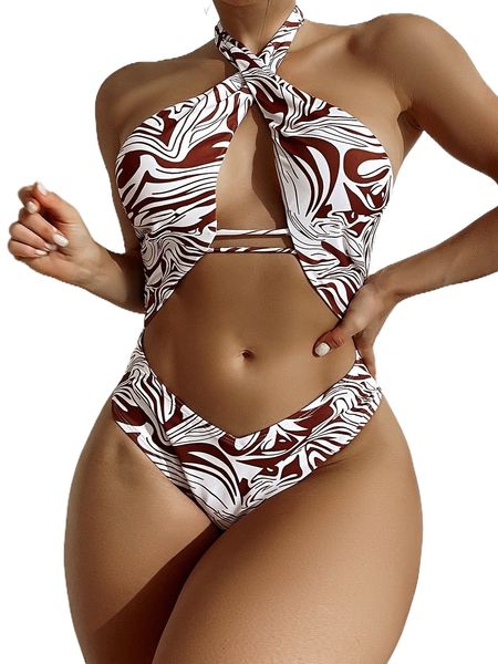 

sxy allover print cut-out halter one piece swimsuit 24fb#, White;black
