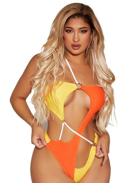 

colorblock ring detail cut-out one shoulder one piece swimsuit y95j#, White;black