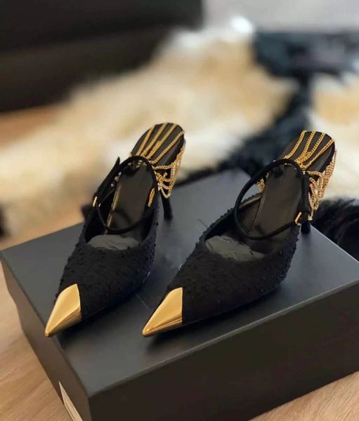 Lüks Kadın Sandalet Ayakkabı Veser Slingback Metal Zincir Bükülatör Tüvit Stiletto Topuklu Bayan Sivri Burun Kap Parti Elbise Düğün EU34-40.box