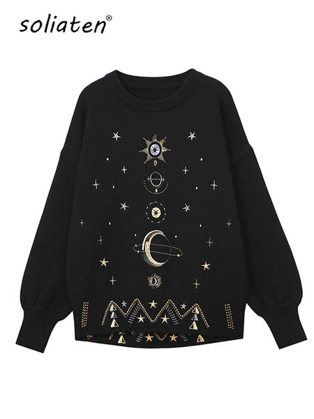 

design starry sky embroidery sweater high-end 2022 new autumn winter loose jumper women sweater pullover knit runway c-055, White;black