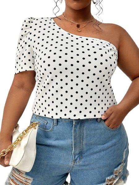 

plus polka dot one shoulder puff sleeve tee j9ja#, Black