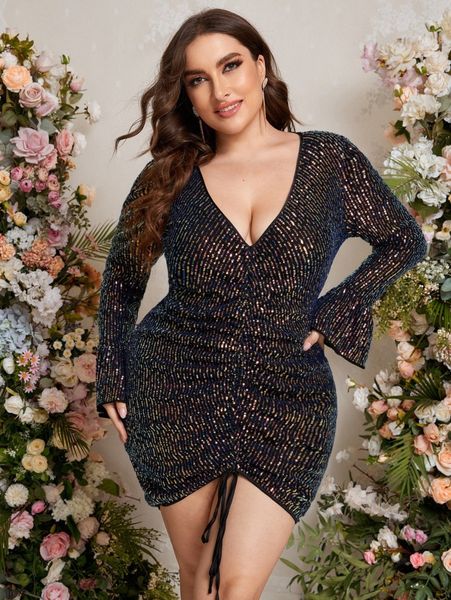 

plus drawstring ruched sequin bodycon dress 52c2#, Black