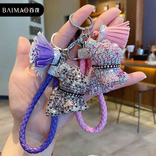 

keychain korean cartoon full diamond fighting dog key chain lovely male and female tassel bag key chain pendant, Silver
