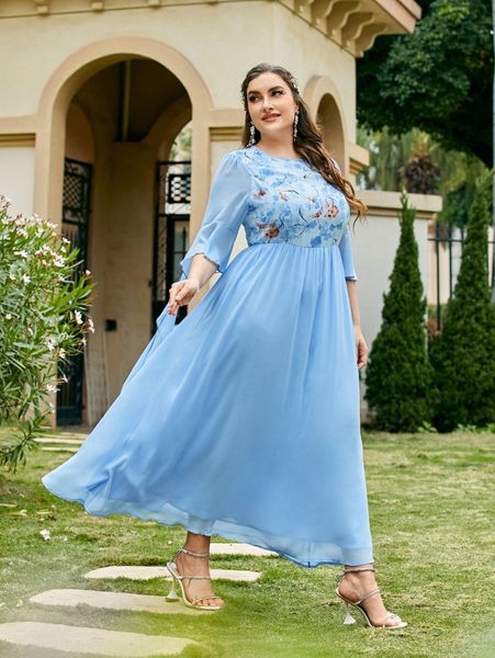 

plus floral print draped trumpet sleeve dress v9ul#, Black