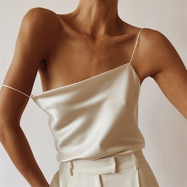 

ootn elegant spring satin black cami women beige silk spaghetti strap camis ladies solid draped sleeveless summer camisole 220318, White