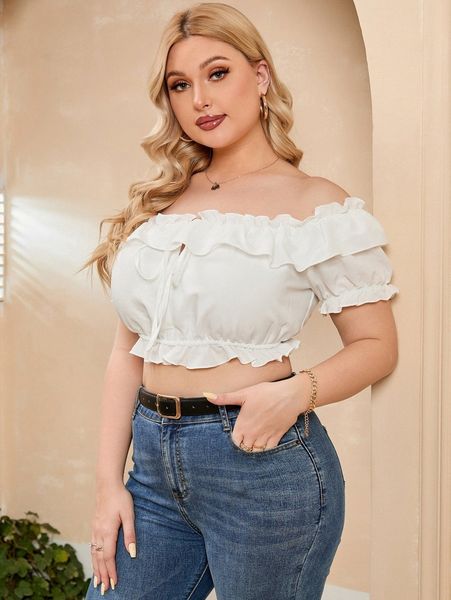 

plus off shoulder knot front ruffle trim crop blouse 49lx#, Black