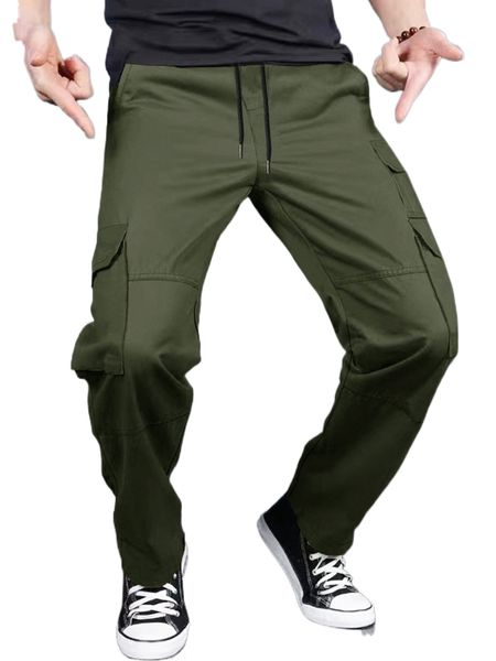 

men flap pocket side drawstring waist cargo pants m2jb#, Black
