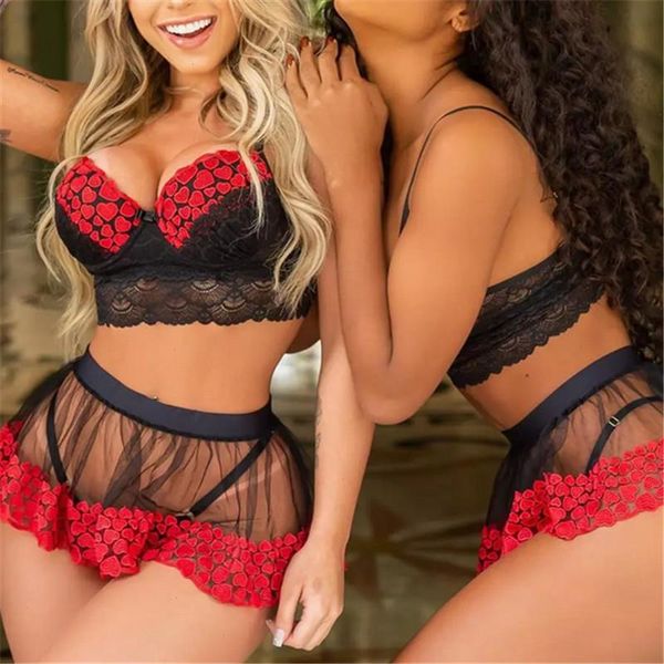 

valentines day bra amp brief sets romantic push up lingerie fashion women floral open g-string gauza swing underwear set, Red;black