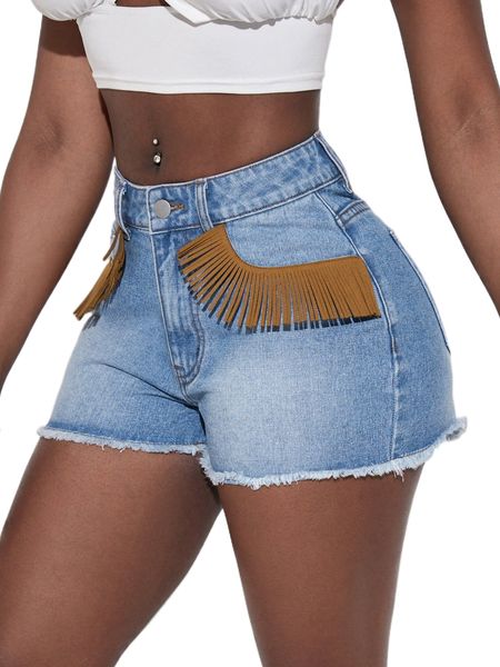 

sxy fringe detail raw hem denim shorts r6o3#, White;black