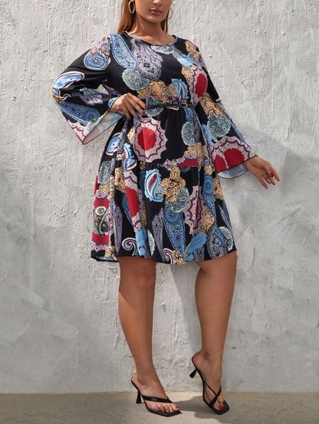 

plus paisley print ruffle hem dress without belt i4qt#, Black