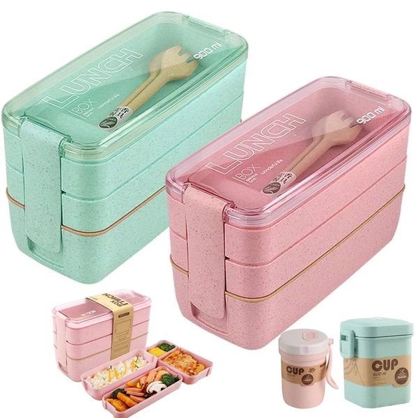 

wheat straw lunch box for kids tuppers food containers school camping supplies dinnerware leak-proof 3 layer bento boxes c0608x2