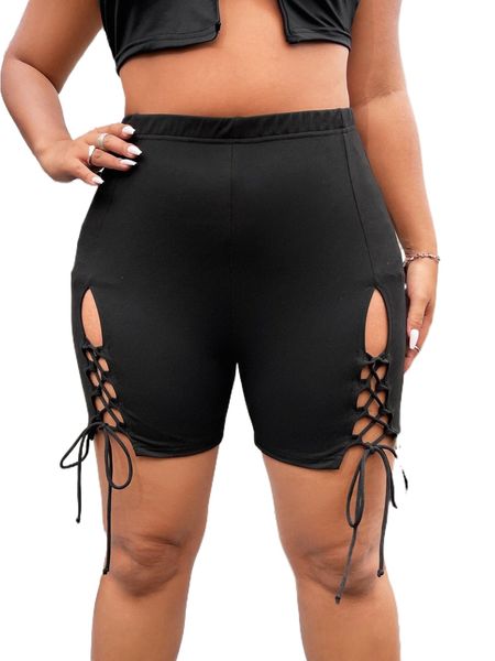 

plus cut out lace-up front biker shorts 89rv#, Black