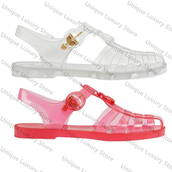 

ladies transparent rubber double g sandal 676970 womens luxury unique ankle buckle straps flat sole mens roman sandals slipper fashion shoes, Black