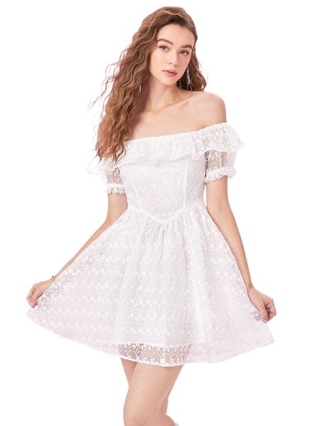 

mod floral embroidery mesh off shoulder ruffle trim dress f4cg#, Black;gray