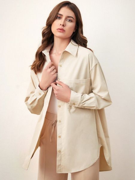 

patched pocket drop shoulder curved hem blouse 51vz#, White