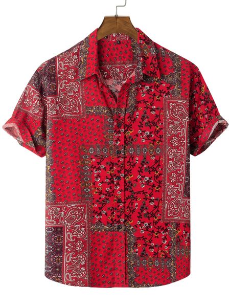 

men ditsy floral and paisley print button front shirt e5ds#, White;black