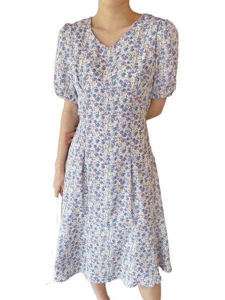 

dazy ditsy floral puff sleeve tie back dress o59n#, Black;gray