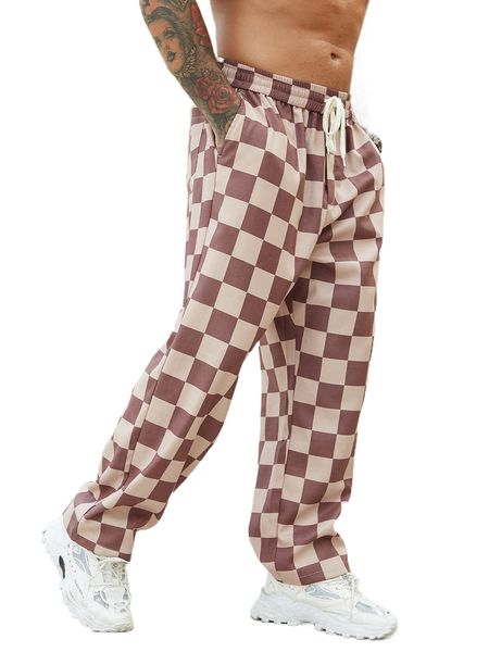 

extended sizes men checkered print drawstring waist pants i17f#, Black