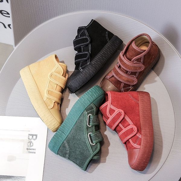 

fashion hook&loop soft corduroy kids sneakers school casual all-match children girl shoes high autumn boys boots e08051 220423, Black;red