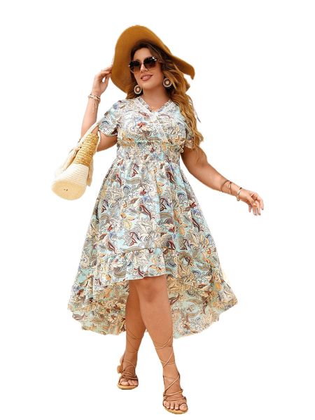 

plus floral print overlap collar shirred high low ruffle hem dress f55g#, Black