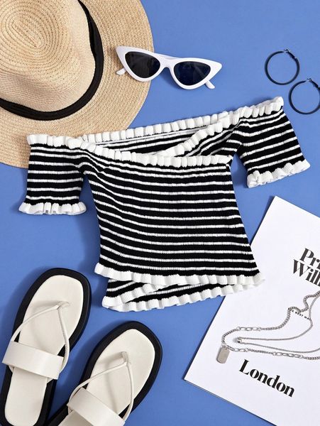 

off shoulder frill trim striped pattern knit e38h#, White;black