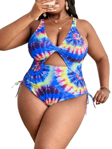 

plus tie dye crisscross tie back cut out drawstring one piece swimsuit c65z#, White;black